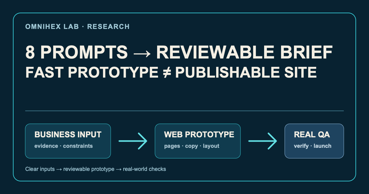 Omnihex Lab research cover: eight prompts become a reviewable website brief through business input, a web prototype, and real-world quality checks